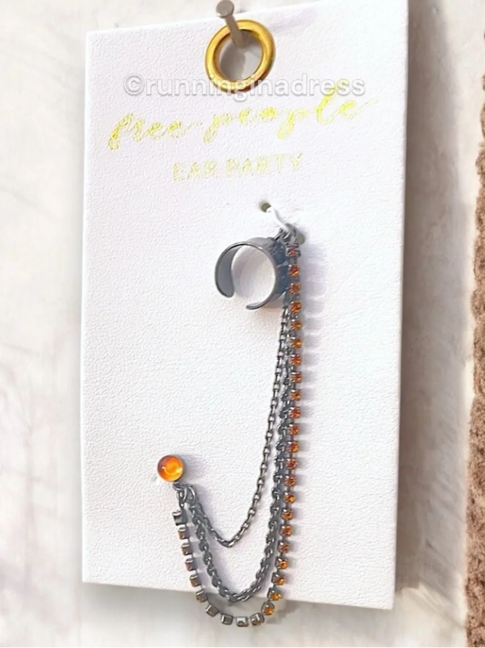 Free People Ear Party Chain Cuff Earring NWT Gunmetal Amber Orange Rhinestone